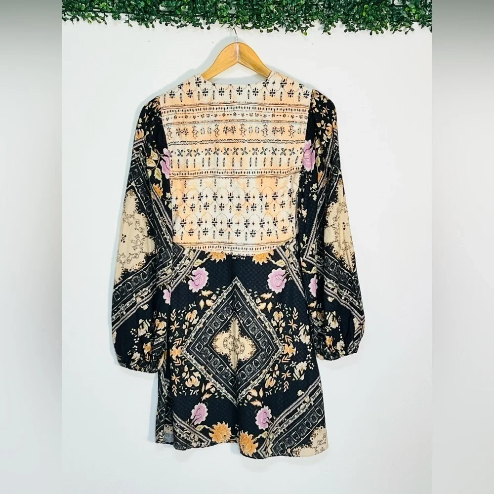 Free People Mini Boho Plunge Dress Size Xs Long Sleeve Descanso Floral